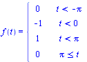 f(t) = piecewise(`<`(t, `+`(`-`(Pi))), 0, `<`(t, 0), -1, `<`(t, Pi), 1, `<=`(Pi, t), 0)